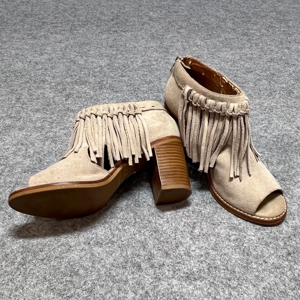 Sbicca Hickory Tan‎ Suede Fringe Peep Toe Ankle Boots Block Heel Womens 6
